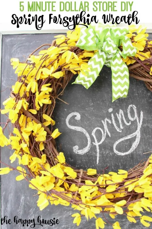 Five Minute Dollar Store DIY Spring Forsythia Wreath tutorial at thehappyhousie.com DIY Unique Spring Wreaths DIY Unique Spring Wreaths.  With Spring in the air it's all about renewal and getting the front of the house looking welcoming again.  I've been scouting out spring wreaths to make and came across these super adorable DIY unique spring wreaths you're sure to love!