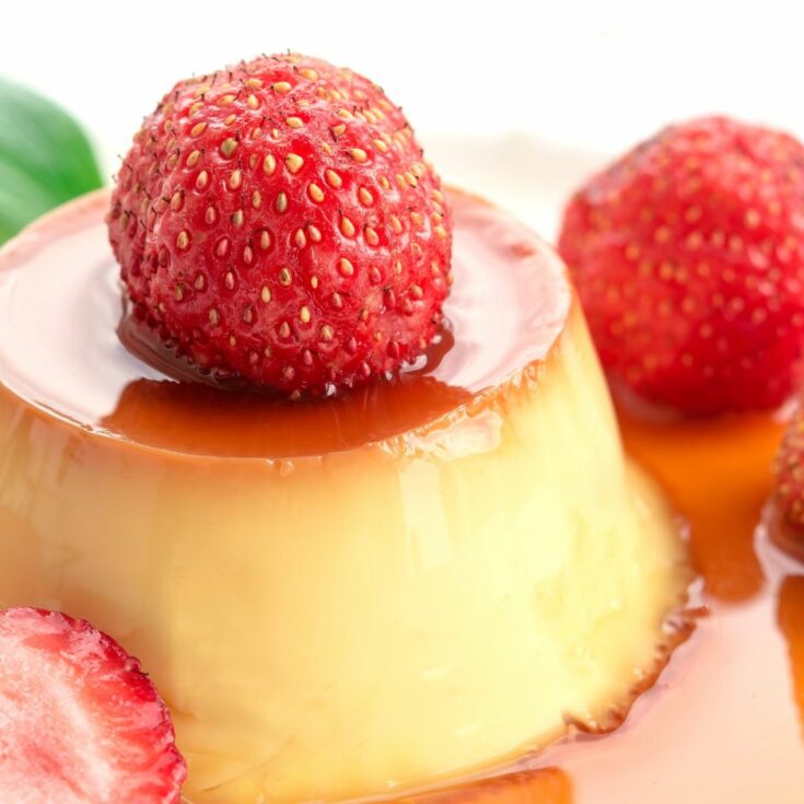 Strawberry Flan on a plate.
