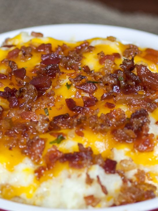 Twice Baked mashed potatoes are loaded with cheese and bacon!