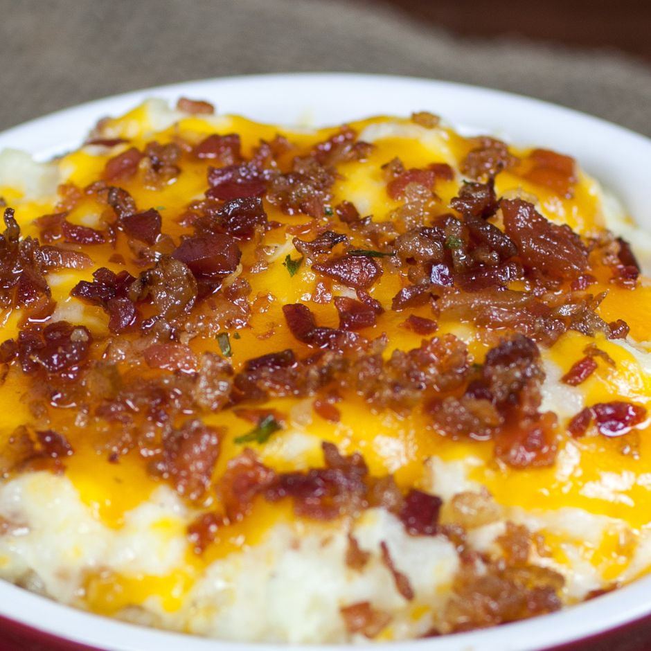 Twice Baked mashed potatoes are loaded with cheese and bacon!