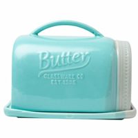 Mason Jar Ceramic Butter Dish with Lid and Handle - Vintage Ceramic Butter Holder - Decorative Butter Keeper with Rustic, Farmhouse Design - Convenient Butter Crock in Aqua Blue Color