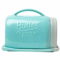 Mason Jar Ceramic Butter Dish with Lid and Handle - Vintage Ceramic Butter Holder - Decorative Butter Keeper with Rustic, Farmhouse Design - Convenient Butter Crock in Aqua Blue Color