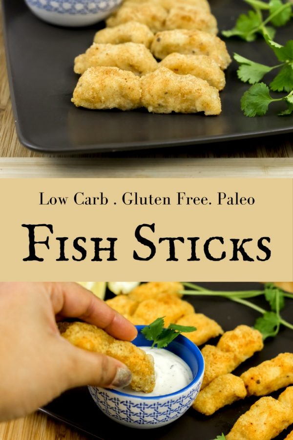 Fish Sticks Final SS 1 Fish Sticks A Low Carb, Gluten Free and Paleo friendly, delightfully crunchy Fish Sticks, that the kids as well as the grown-ups will love! It is great for game nights. It is just the right size for tiny hands. And makes a delicious dinner along with carrots and peas.