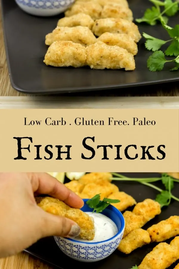 Fish Sticks Final SS 1 Fish Sticks A Low Carb, Gluten Free and Paleo friendly, delightfully crunchy Fish Sticks, that the kids as well as the grown-ups will love! It is great for game nights. It is just the right size for tiny hands. And makes a delicious dinner along with carrots and peas.