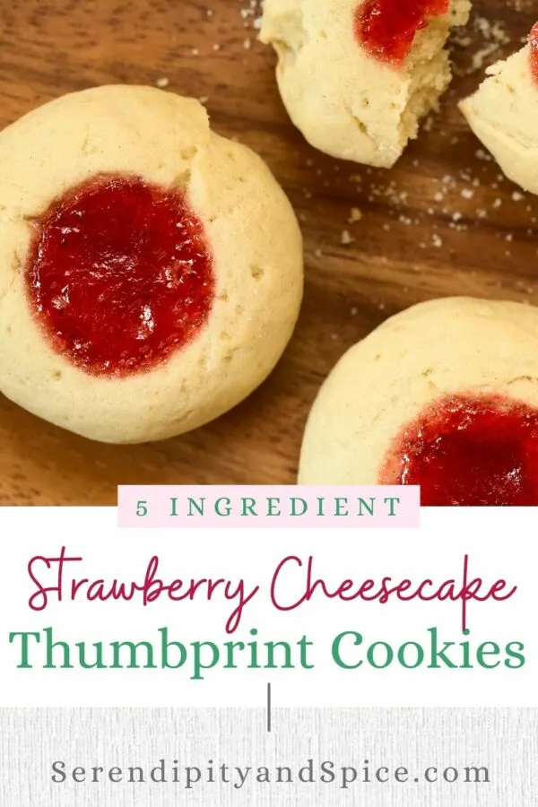 5 INGREDIENT Strawberry Thumbprint Cookies Strawberry Cheesecake Thumbprint Cookies Recipe This simple 5 ingredient Strawberry Cheesecake Thumbprint Cookies Recipe is perfect for Holiday cookie exchanges....not too sweet but oh so delicious!