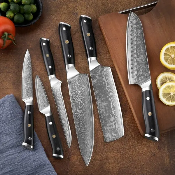 81IQ3COhJL. AC SL1500 Picking the Best Damascus Kitchen Knife Set A Damascus kitchen knife is a type of knife that is known for its distinctive, swirling pattern on the blade, often referred to as a "Damascus pattern". The pattern is created by forging multiple layers of steel together, then etching the blade to reveal the layers and create the distinctive design. This method of construction not only adds to the visual appeal of the knife, but also contributes to the strength and durability of the blade.