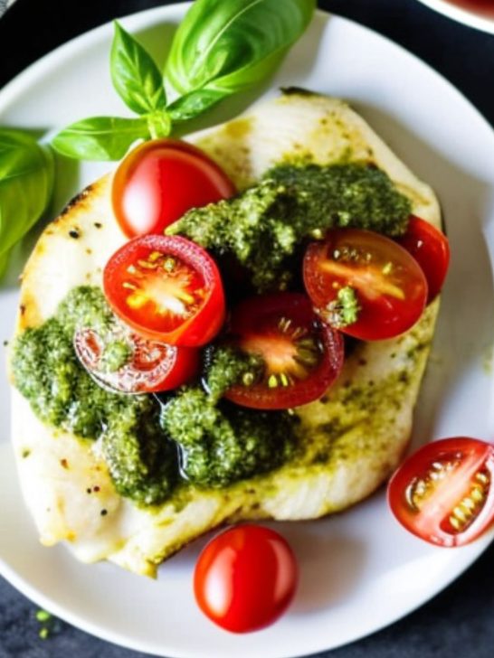 Pesto Chicken Recipe with mozzarella, tomatoes, and pesto sauce.