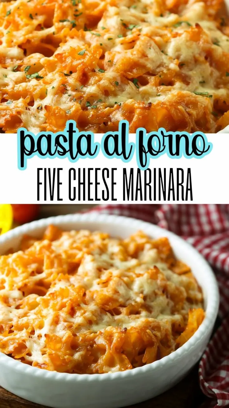 pasta al forno five cheese marinara 1 Pasta al Forno Five Cheese Marinara Recipe This pasta al forno recipe is just like Olive Garden's Ziti al Forno...a delicious mix of alfredo and marinara sauces with 5 types of cheese for a truly delicious dinner.